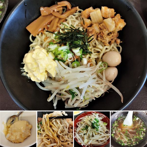 「たまごサラダ油そば(限定)＋とんちんスープ＝820円」@東京油そば 入谷とんちん軒の写真