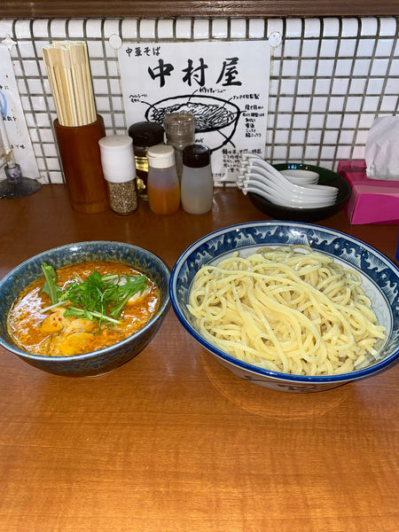 「海老辛つけめん2玉味付玉子¥1,170円」@中華そば 中村屋の写真