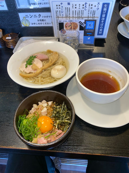 「昆布水つけ麺炊込み御飯セット半熟味付玉子¥1,200円」@豚そば ぎんや 黒川本店の写真