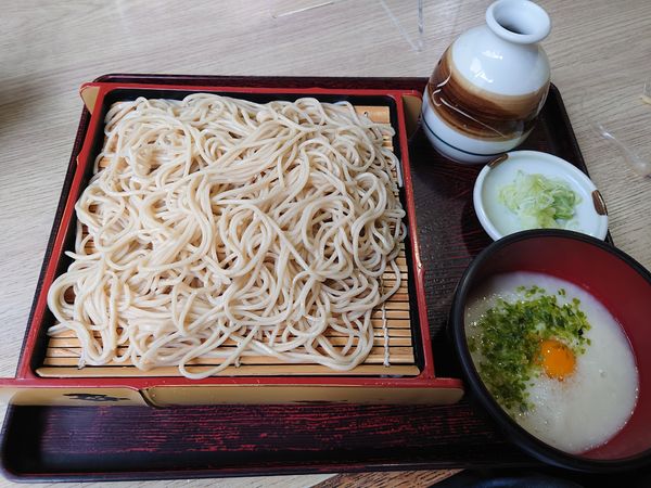 「とろろそば 800円＋お酒400円（冷酒、アテ付き）」@喜野屋の写真