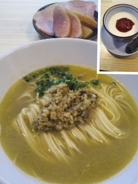 「広島牡蠣の塩ソバ➕昔ながらのパンナコッタ ベリーソース」@煮干ソバと米 今日の1番の写真