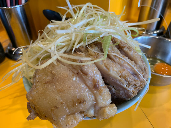 「小豚　ニンニクマシマシアブラマシマシ　生姜　葱　生卵」@ラーメン二郎 八王子野猿街道店2の写真