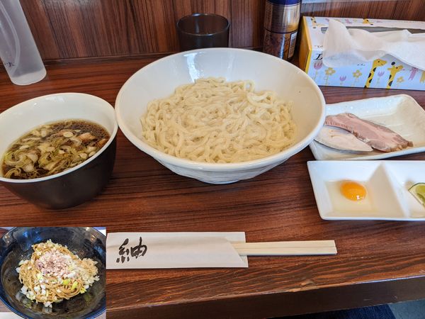 「しょうゆつけ麺+鶏油そば」@紬生の写真