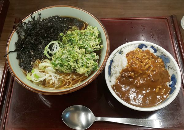 「岩のり+春菊天そば、ミニカレー（サービス定食）」@船堀そば 文殊の写真