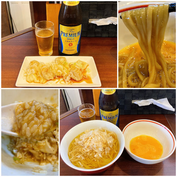 「【限定】まぜそば＋皿ワンタン＋ビール」@とものもとの写真