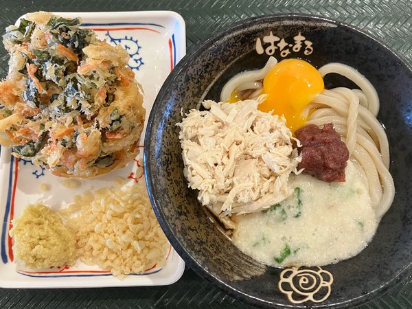 「鶏とろ玉小590円干し海老とわかめのかき揚げ天【定期券】」@はなまるうどん ビビット南船橋店の写真