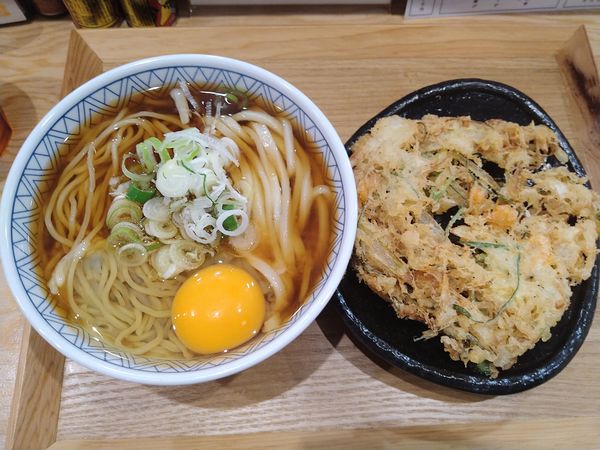 「かけ2種盛り(う中)＋生卵＋ねぎと小海老のかき揚げ」@長命うどん 東京本店の写真