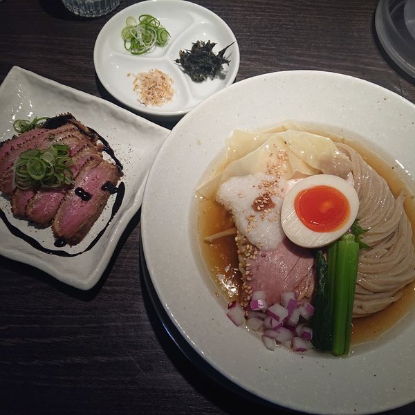 「もち小麦の冷香麺1100円鴨チャーシュー400円追い飯60円」@麺創房LEOの写真