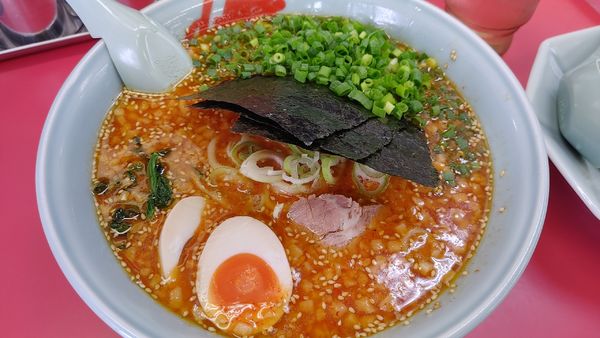「辛味噌ラーメン　大辛　背脂変更　青ネギ、味玉トッピング」@山岡家 松本店の写真