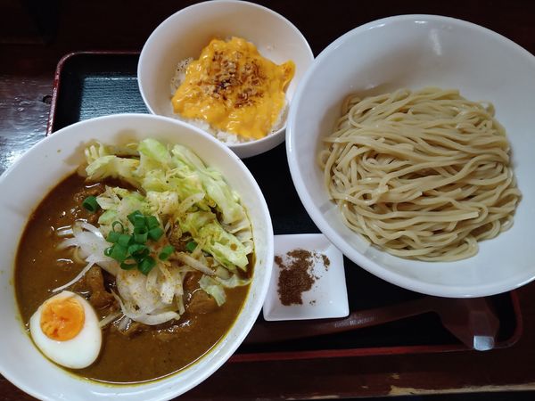 「【限定】カレーパンチ（もつ煮）つけ麺  シメのご飯付￥950」@和風らーめん 凪の写真