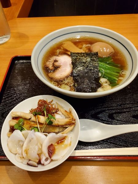 「中華そばちょい増し　トッピングづけ玉子+地ダコ丼」@味処 むさし野の写真
