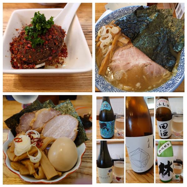 「特製中華そば+のり+メンマ+カレー玉+プレミアム日本酒×5」@中華そば専門 とんちぼの写真