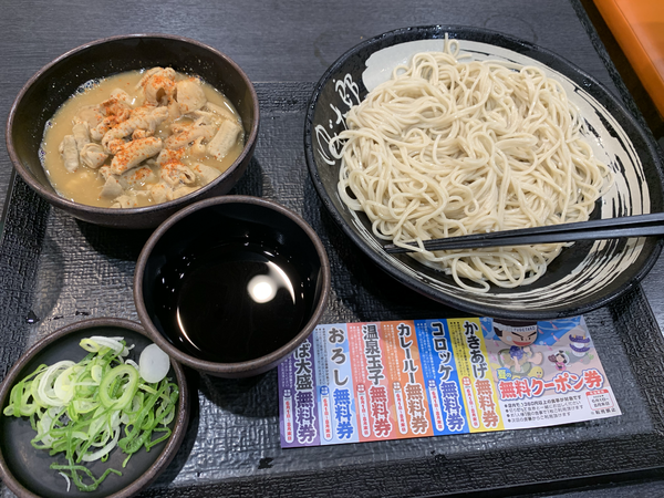 「もりそば(380円)+単品もつ煮(440円)+そば大盛り」@ゆで太郎 五反田TOC店の写真