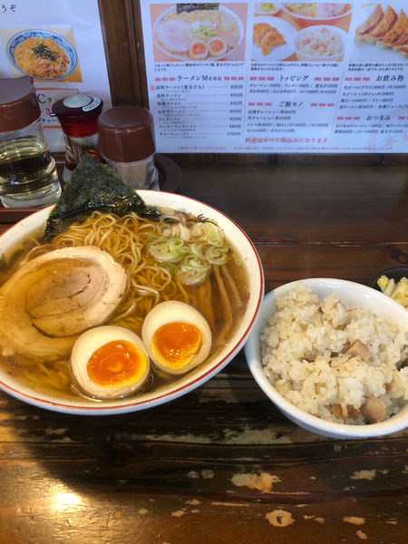 「長町ラーメン煮卵入り+肉ご飯（小）」@長町ラーメンの写真