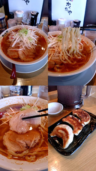 「『辛いラーメン 並+白ネギ+餃子3個』」@拉麺かくだや おもちゃのまち店の写真