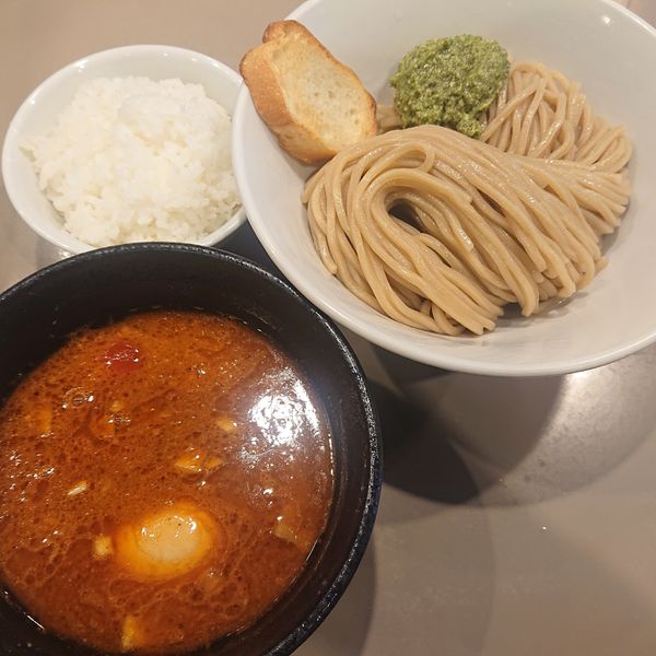「味玉海老トマトつけ麺1050円、ごはん100円」@つけ麺 五ノ神製作所の写真