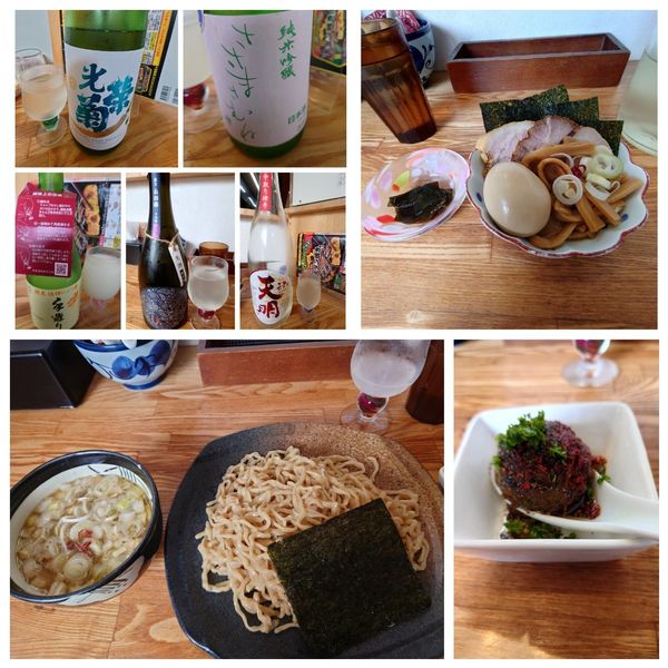 「特製つけそば200g＋カレー玉＋プレミアム日本酒×5」@中華そば専門 とんちぼの写真