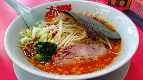 「辛味噌ラーメン激辛+半ライス&クーポン白髪ネギ」@山岡家 フォレスト河口湖店の写真