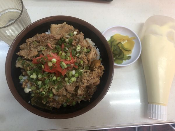 「博多ラーメン(並)+肉丼(並)1100円」@ラーメンえちご 本店の写真