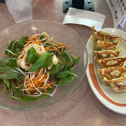 ごま油香る彩り野菜と蒸し鶏のさっぱり冷やし中華＋ハーフ&ハーフ餃