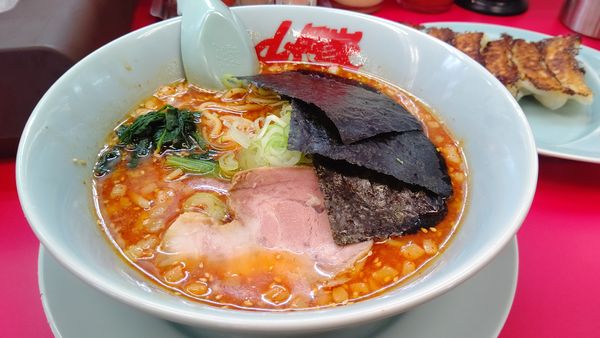 「辛味噌ラーメン激辛＋お友達クーポン餃子」@ラーメン山岡家 四日市塩浜店の写真