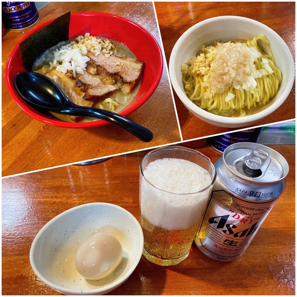 「【コラボ限定】濃厚煮干し味噌＋背脂味噌和え玉＋缶ビール」@麺屋 もりのの写真