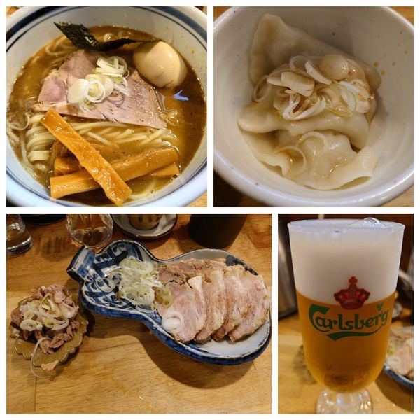 「味玉らーめん＋水豚餃子＋おつまみチャーシュー＋カールスバーグ」@こうかいぼうの写真