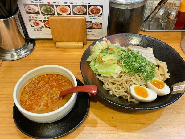 「ピリカつけ麺(味玉,野菜トッピング)」@希望軒 心斎橋長堀店の写真
