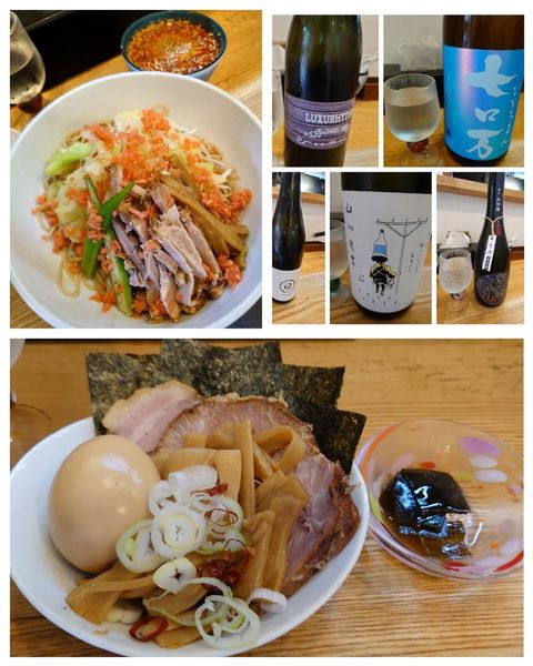 「季節限定 冷やし辛つけそば+特製トッピング+プレミアム日本酒」@中華そば専門 とんちぼの写真