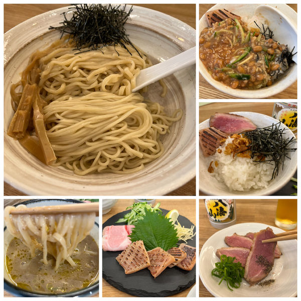 「【限定】烏賊肝と煮干しのつけそば(飯割り付)1100円日本酒」@中華そば きなりの写真