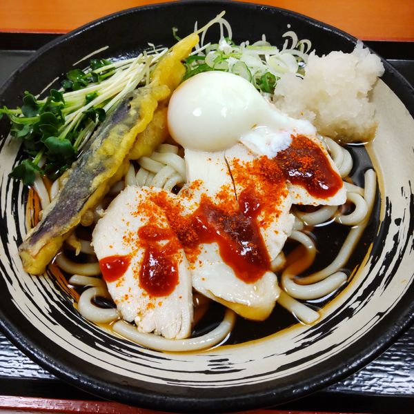 「【季節限定】冷辛味鶏おろし（￥590）＋温泉玉子（クーポン）」@ゆで太郎 東邦医大通り店の写真