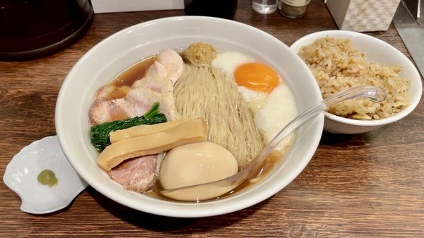 「特製カツオ出汁の山かけ冷やし麺＋貝めし小」@貝出汁 中華そば 竹祥の写真