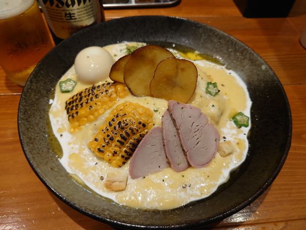 「【限定】トウモロコシの冷たい和え麺1100円＋ビール」@麺屋 真心の写真