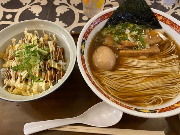 「味玉そば+肉マヨ丼」@麺や食堂 本店の写真