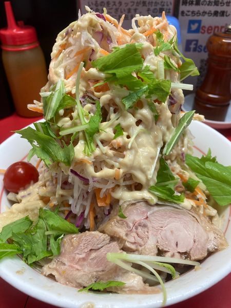 「冷やし中華＋野菜マシマシ＋ガリマヨ＋ニンニク＋追加豚」@千里眼の写真