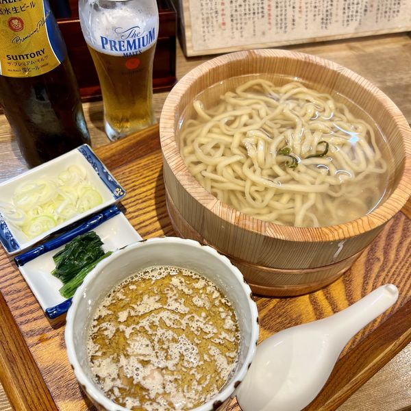 「炭火焼濃厚釜揚げつけ麺 鯖＋瓶ビール」@炭火焼濃厚中華そば 威風堂道の写真
