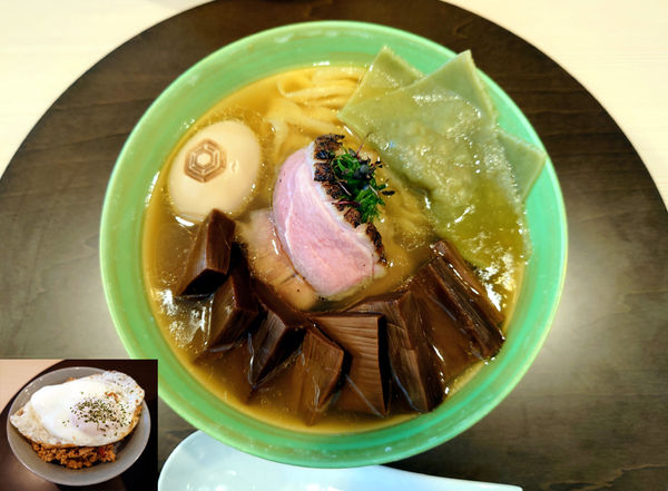 「特製手打中華蕎麦(塩)+マシめんま+ガパオライス」@手打麺祭 かめ囲の写真