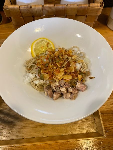 「限定替え玉(ゆり姉作) 夏のN.E.W玉(ニンニク、エビ、白醤油」@中華蕎麦 はざまの写真