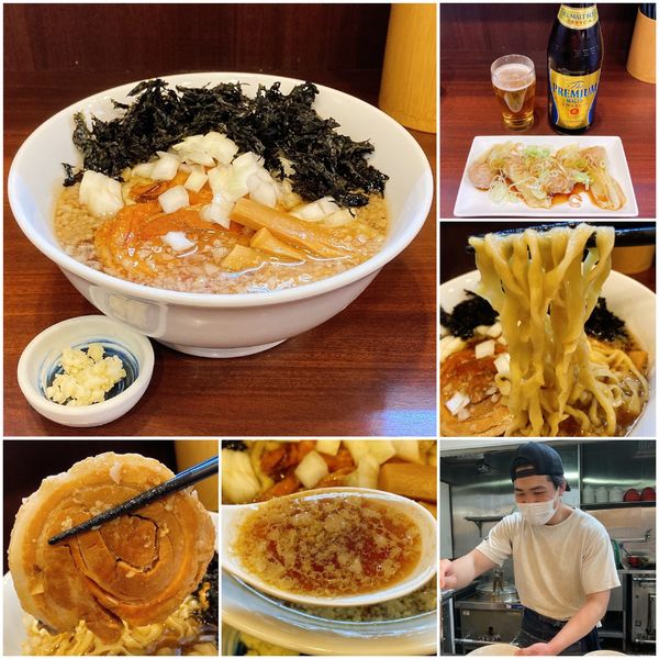 「らーめん(にんにく別皿)＋ノリ増し＋ビール＋皿ワンタン」@ぶたとにぼしの写真