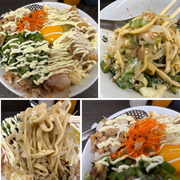 「冷やし汁なし生卵入950円納豆たまねぎ50円無限オクラ50円」@ラーメン二郎 川越店の写真