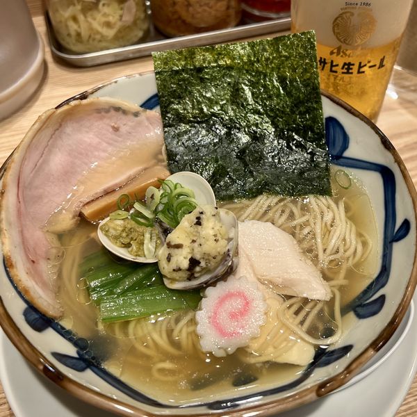 「蛤醤油トリュフバターらぁ麺＋アサヒ生ビールマルエフ」@貝と煮干し、時々濃厚の写真