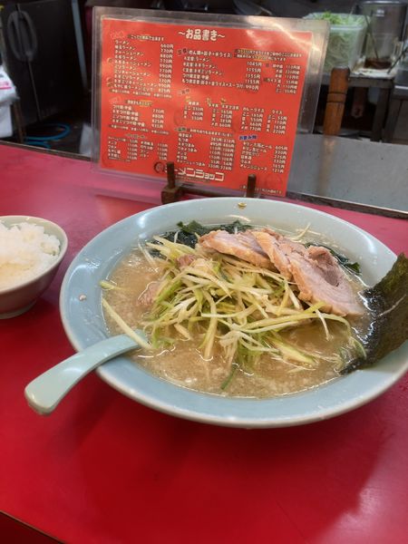 「ネギチャーシューメン+焼き餃子+ミニライス 1430円」@新ラーメンショップ 狭山本部の写真