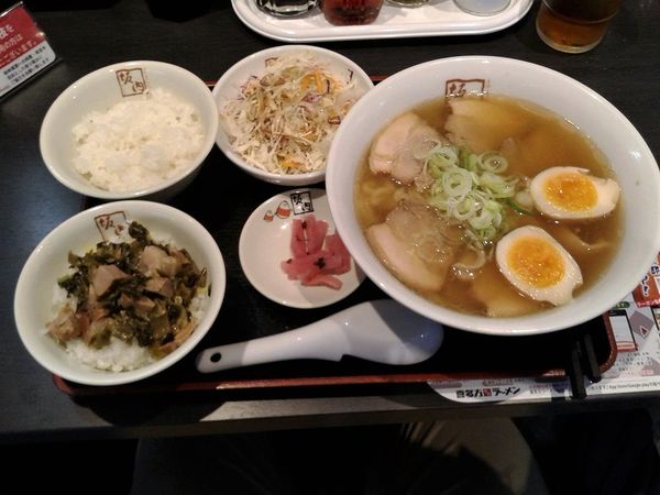 「満足A定食(味玉ラーメン+ミニ高菜焼豚ご飯)1050円」@喜多方ラーメン坂内 亀有店の写真