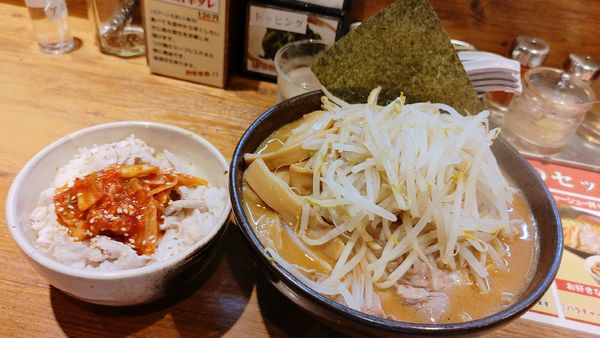 「味噌らーめん・大盛り・メンマ・もやし・ぶたキムチ丼」@北海道らーめん 楓 鶴見店の写真