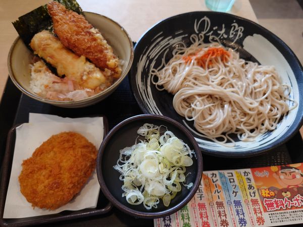 「ミニのり弁セット（冷そば）520円＋コロッケ（クーポン）」@ゆで太郎 新座野火止店の写真