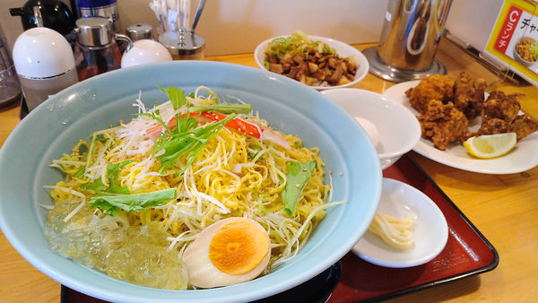 「8月限定/ゆず塩冷麺+特盛り+チャーシュー丼+生たまご+唐揚」@優勝軒 狭山店の写真