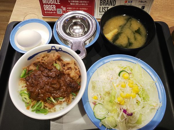 「スパイシーキーマ牛めし小盛／野菜セット　620円」@松屋 弘前高田店の写真