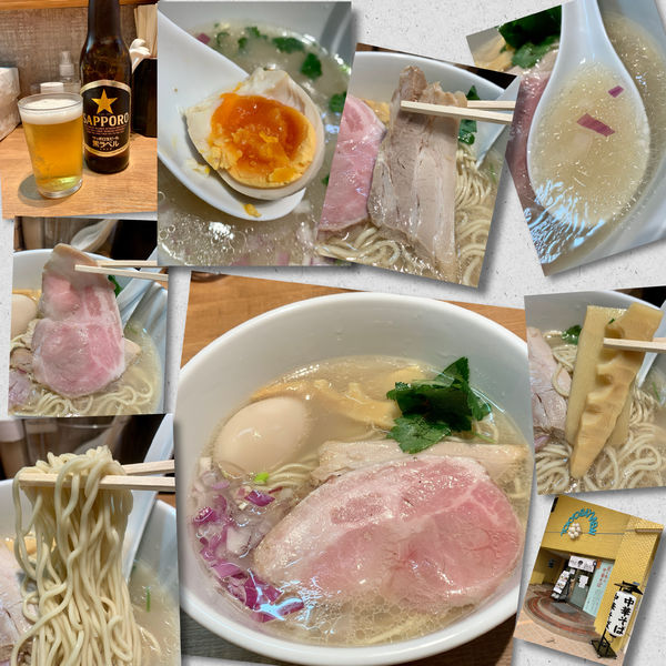 「貝と牛の中華そば（塩）850円＋味玉(ｻｰﾋﾞｽ）＋🍺」@貝そばもぉむの写真