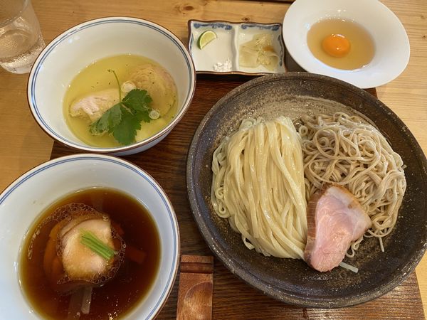 「Feelつけ麺＋塩・醤油Wスープ＋大盛り＋出汁卵+スープ割」@Ramen FeeLの写真