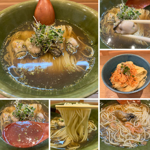 「ぶどう山椒と牡蠣の塩蕎麦1200円あえ玉赤250円」@中華蕎麦 麺とスープの写真